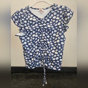 Floral Ruffle Sleeve Top - Blue and White